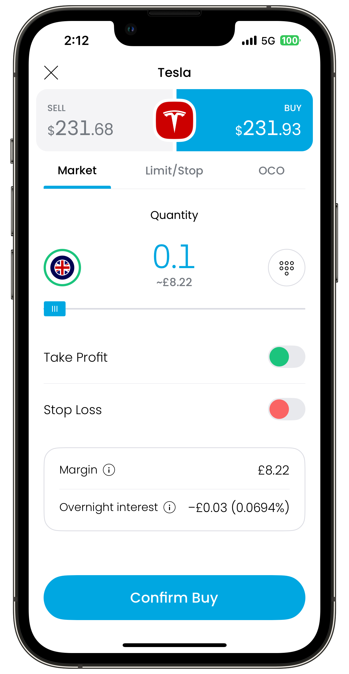 Mobile trading app interface for Tesla stock. Shows buy/sell prices, quantity, take profit/stop loss toggles, margin, and confirm buy button.
